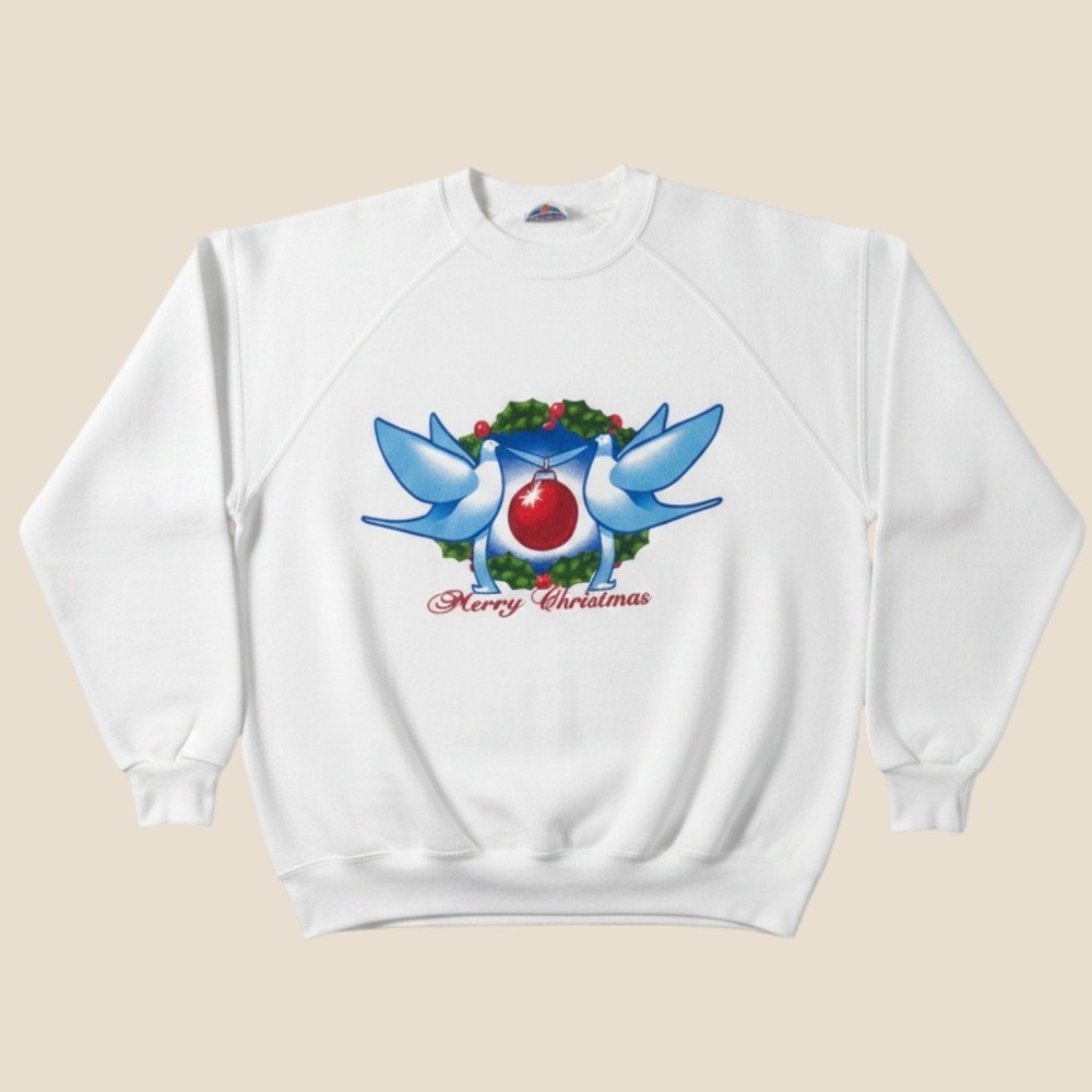 Vintage Sweatshirt Hanes Her Way Large White Cotton Poly Merry Christmas Doves